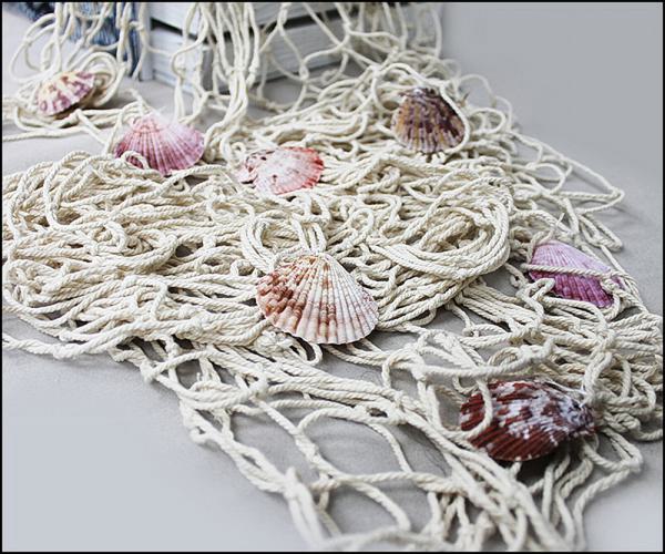 Dekonetz Fischernetz mit Muscheln Maritim Design Dicke Baumwolle